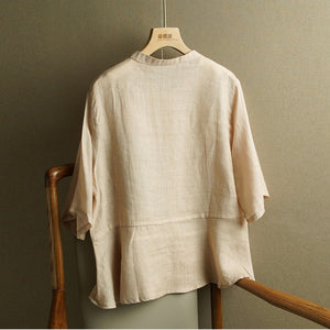 Áo sơ mi linen ngắn tay cổ tàu in hoa lá retro khuy tròn - NU8854