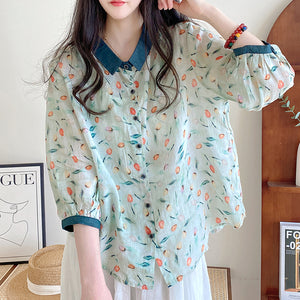 Áo sơ mi linen ngắn tay cổ pipi in hoa tulip sắc màu - NU8544