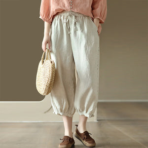 Quần baggy linen lưng thun dây rút thêu ren hai bên - NU7479