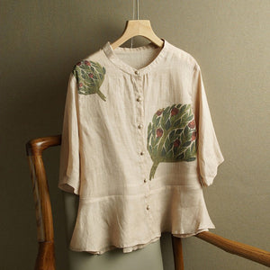 Áo sơ mi linen ngắn tay cổ tàu in hoa lá retro khuy tròn - NU8854