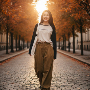 Áo T-shirt dài tay lệch màu cổ tròn backwardes  - A094