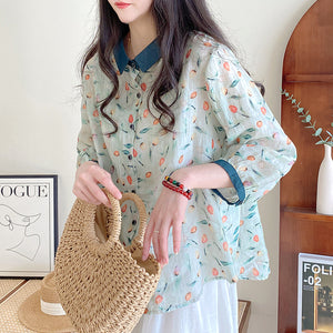 Áo sơ mi linen ngắn tay cổ pipi in hoa tulip sắc màu - NU8544