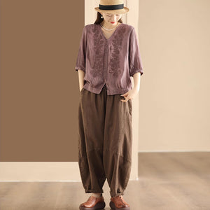 Áo sơ mi linen ngắn tay cổ V thêu mùa hè - NU10043