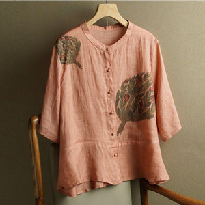 Áo sơ mi linen ngắn tay cổ tàu in hoa lá retro khuy tròn - NU8854