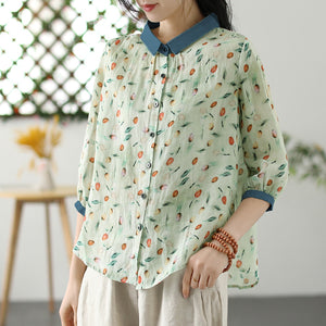 Áo sơ mi linen ngắn tay cổ pipi in hoa tulip sắc màu - NU8544