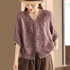 Áo sơ mi linen ngắn tay cổ V thêu mùa hè - NU10043