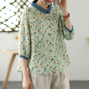 Áo sơ mi linen ngắn tay cổ pipi in hoa tulip sắc màu - NU8544