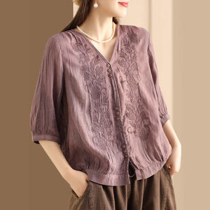 Áo sơ mi linen ngắn tay cổ V thêu mùa hè - NU10043