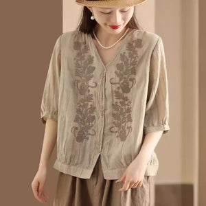 Áo sơ mi linen ngắn tay cổ V thêu mùa hè - NU10043