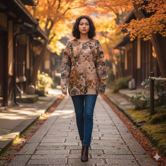 Áo len dài tay cổ tròn in những chú mèo - A532