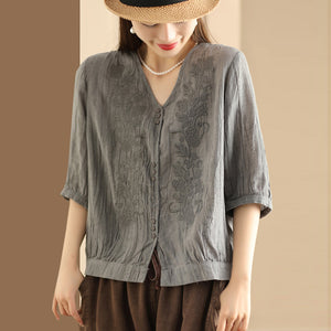 Áo sơ mi linen ngắn tay cổ V thêu mùa hè - NU10043