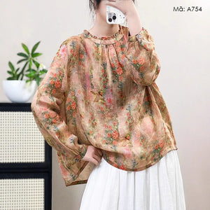Áo sơ mi linen dài tay cổ tròn bèo in hoa lá - A753