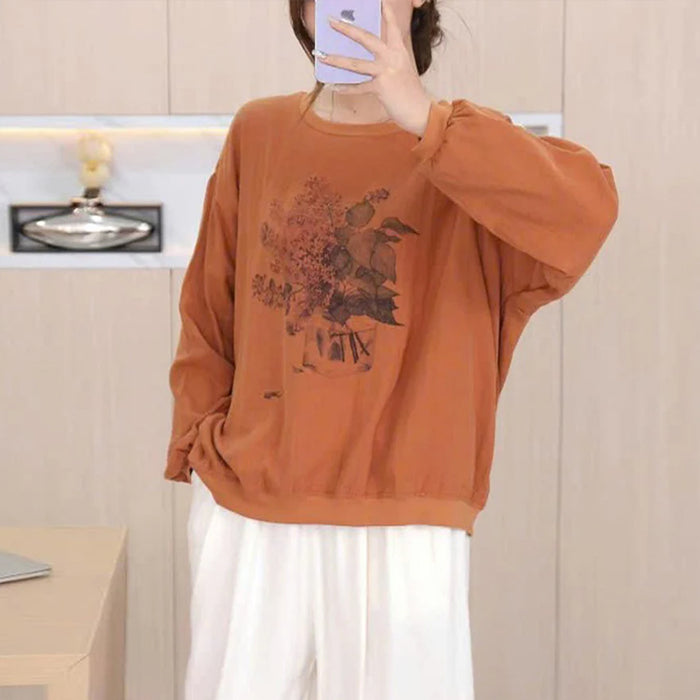 Áo T-shirt dài tay cổ tròn in bình hoa - A266