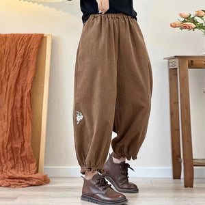 Quần baggy nhung lưng thun ống côn bo chun thêu hoa lá - NU9245