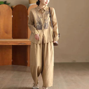 Áo sơ mi linen dài tay cổ đức in đối xứng trước ngực - A724