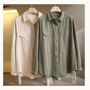 Áo sơ mi linen dài tay cổ đức kẻ sọc hai túi - NU9796