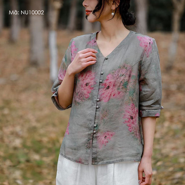 Áo sơ mi linen ngắn tay cổ V khuy tròn in hoa anh đào - NU10002