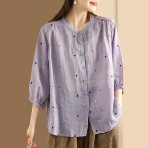 Áo sơ mi linen ngắn tay cổ tròn thêu những chấm màu - NU10306