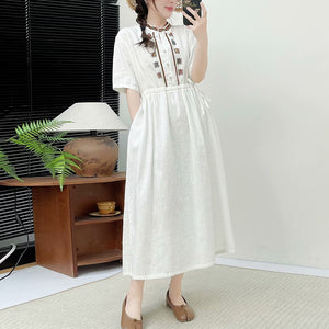 Đầm liền linen ngắn tay cổ tròn thêu hoa văn ô vuông - NU10144