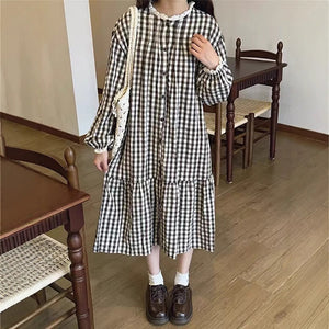 Đầm liền linen Morigirl dài tay cổ tròn kẻ caro - D040
