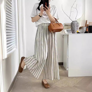 Quần baggy linen lưng thun ống rộng kẻ sọc quả trám - NU10161