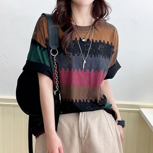 Áo T-shirt ngắn tay cổ tròn kẻ sọc sắc màu pixels - NU10164