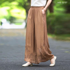 Quần baggy linen lưng thun ống rộng thêu hoa lá retro - Q156