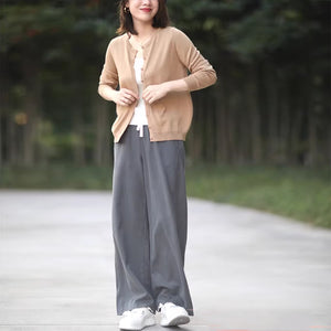 Áo khoác len cardigan dệp kim dài tay cổ tròn nút vàng - NU9299