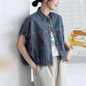 Áo khoác denim ngắn tay bo chun cổ đức - A865