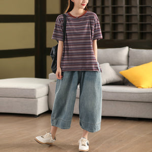 Áo T-shirt ngắn tay cổ tròn kẻ sọc vạt xẻ - A854