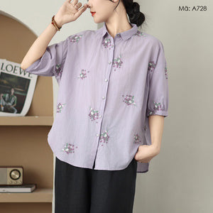 Áo sơ mi linen ngắn tay cổ đức thêu những chùm hoa - A727