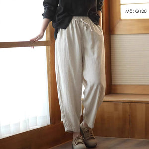 Quần baggy linen lưng thun dây rút ống côn đơn sắc - Q119