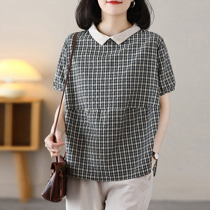 Áo sơ mi ngắn tay cổ pipi kẻ sọc caro khuy cài sau - NU8824