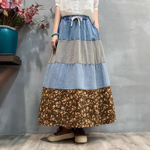 Chân váy denim lưng thun in hoa lá phối caro - V076