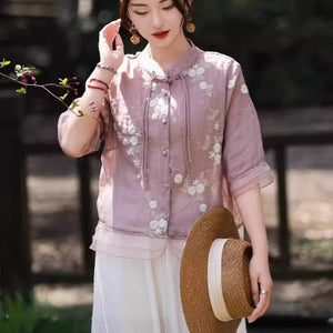 Áo sơ mi linen Organza ngắn tay cổ đứng thêu hoa lá - NU10138