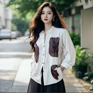 Áo sơ linen dài tay cổ đức in mảng màu retro - A973