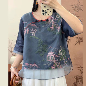 Áo sơ mi linen ngắn tay cổ tàu thêu phong cảnh - NU10131