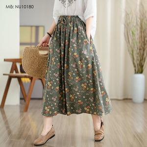 Chân váy linen lưng thun dây rút in hoa vintage - NU10179
