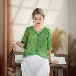 Áo sơ mi linen organza ngắn tay cổ V in hoa văn retro - NU10190