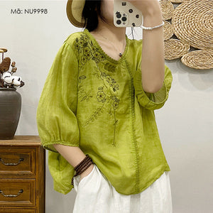 Áo T-shirt linen ngắn tay cổ tròn đính ren thêu hoa lá - NU9997