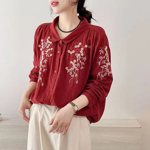 Áo sơ mi linen dài tay cổ pipi thêu hoa đối xứng - NU9723