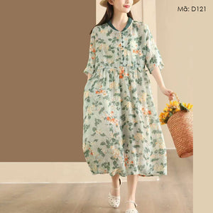 Đầm liền linen ngắn tay cổ V - D120