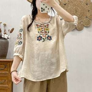 Áo sơ mi linen ngắn tay cổ tròn thêu hoa lá đối xứng - NU8934