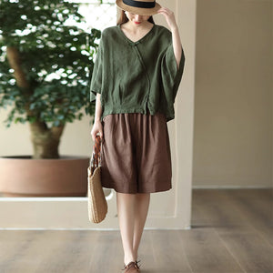 Áo sơ mi linen ngắn tay cánh dơi một khuy vải - NU8935