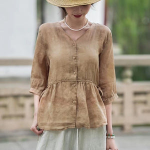 Áo sơ mi linen ngắn tay cổ V eo thắt dây in hoa lá đồng màu - NU9918