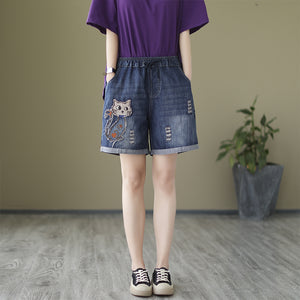 Quần sooc denim lưng thun dây rút thêu chú mèo - NU8956