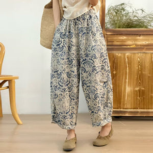 Quần baggy linen lưng thun ống rộng in hoa văn trừu tượng - Q247