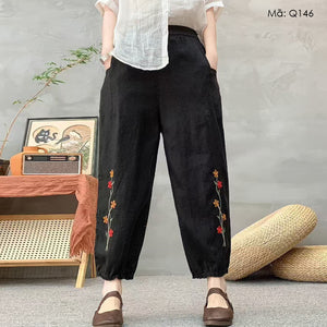 Quần baggy linen lửng lưng thun ống bo thêu hai nhành hoa - Q145