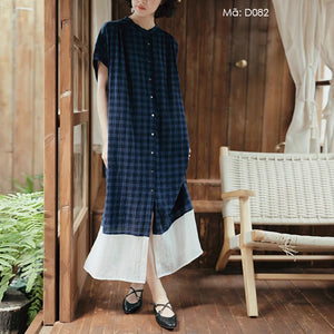 Đầm liền ngắn tay cổ đứng kẻ caro khuy cài - D081