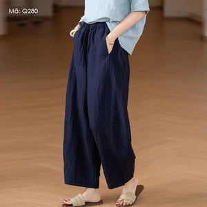 Quần baggy linen lưng thun dây rút ống đứng - Q279